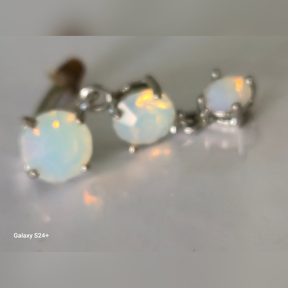Genuine Opal Trio Drop Naval Ring in White/Blue Opalescent -